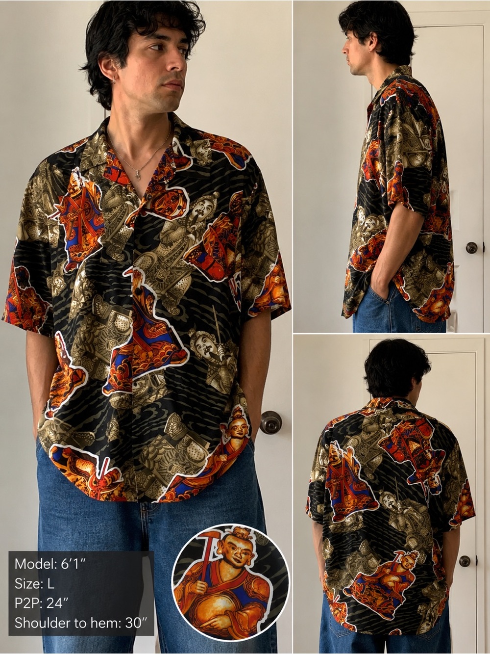 Trust Vintage Korean Graphic Button Up Shirt Men’s Large Buddha Monk Print Y2K
